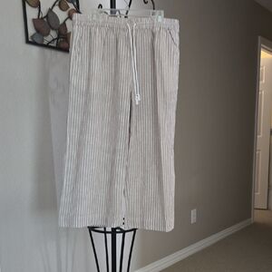 Beige And White Striped Linen Capri